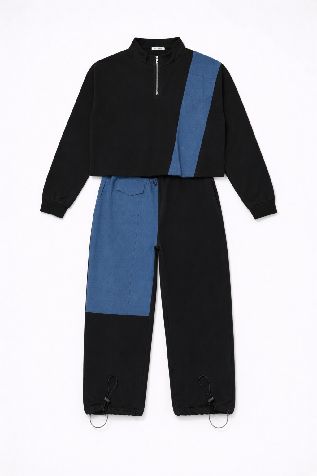 Hooded set with denim panels