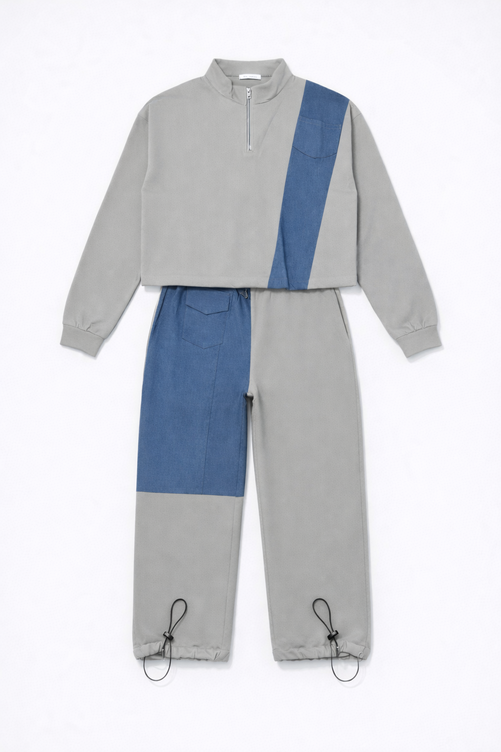 Hooded set with denim panels