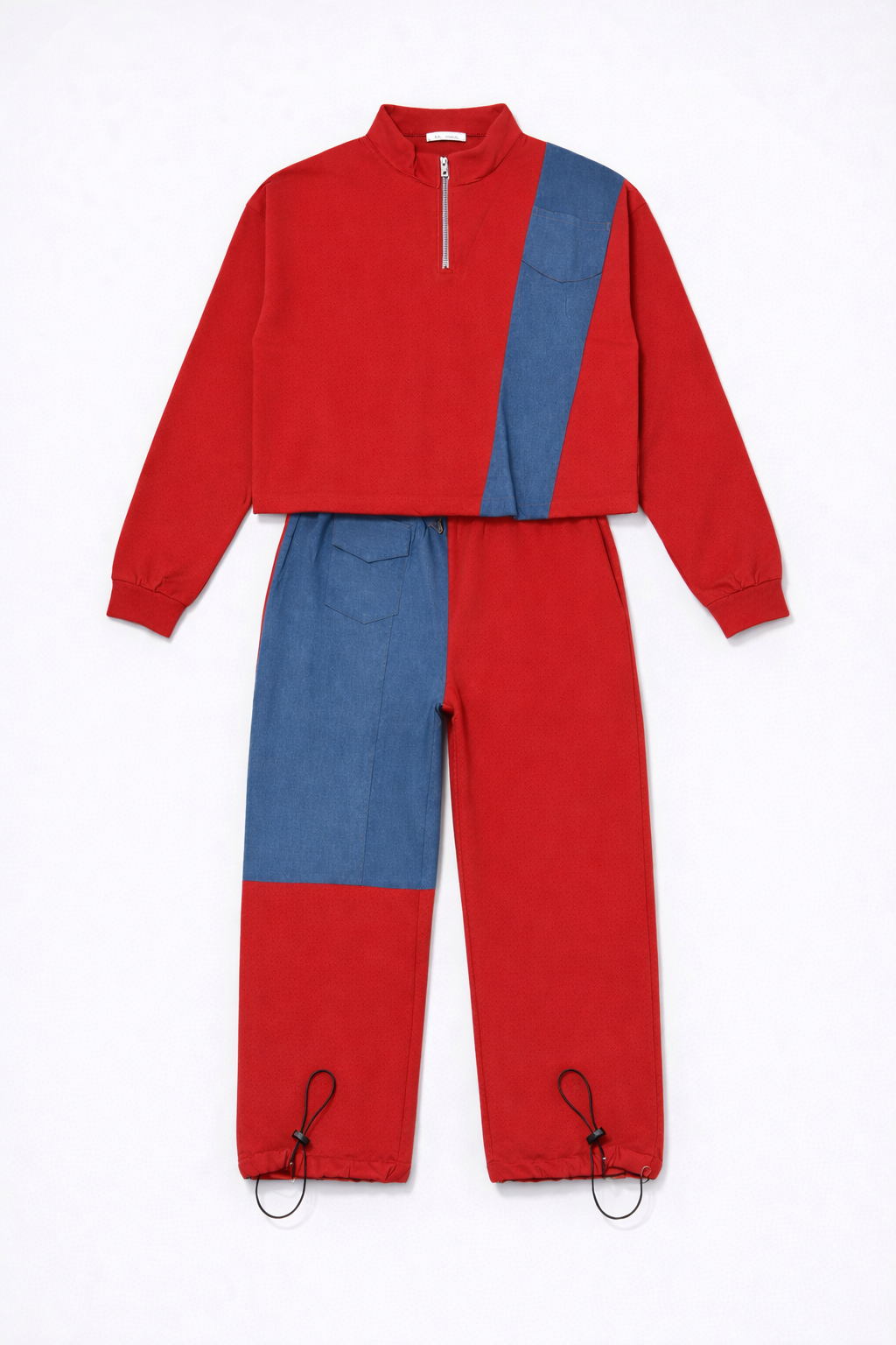 Hooded set with denim panels