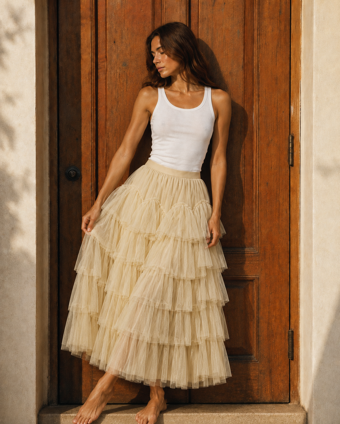 Falda Maxi de Tul con Volantes