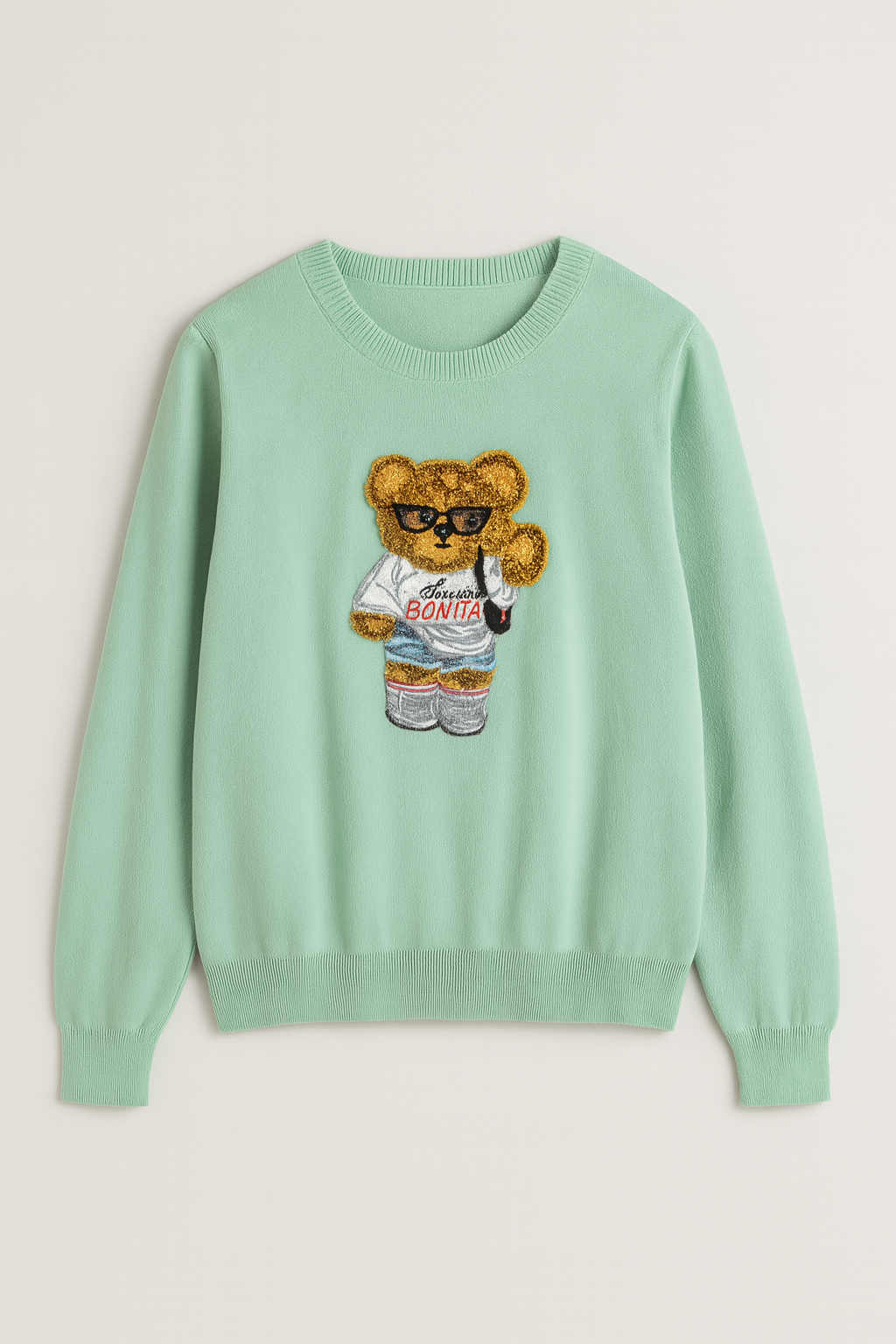 Green Sweater with Teddy Bear Embroidery “Pretty and Chic”