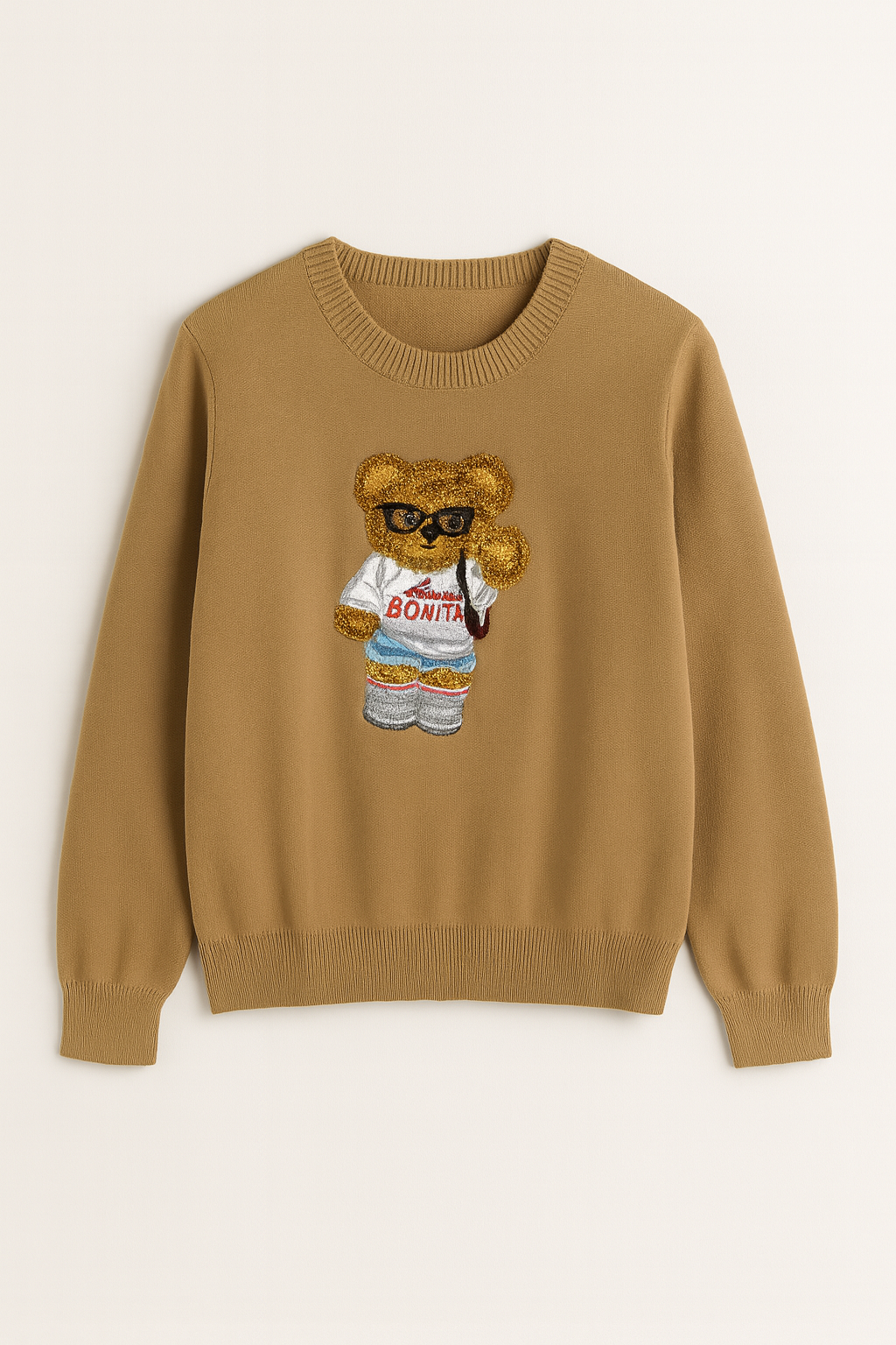 Green Sweater with Teddy Bear Embroidery “Pretty and Chic”