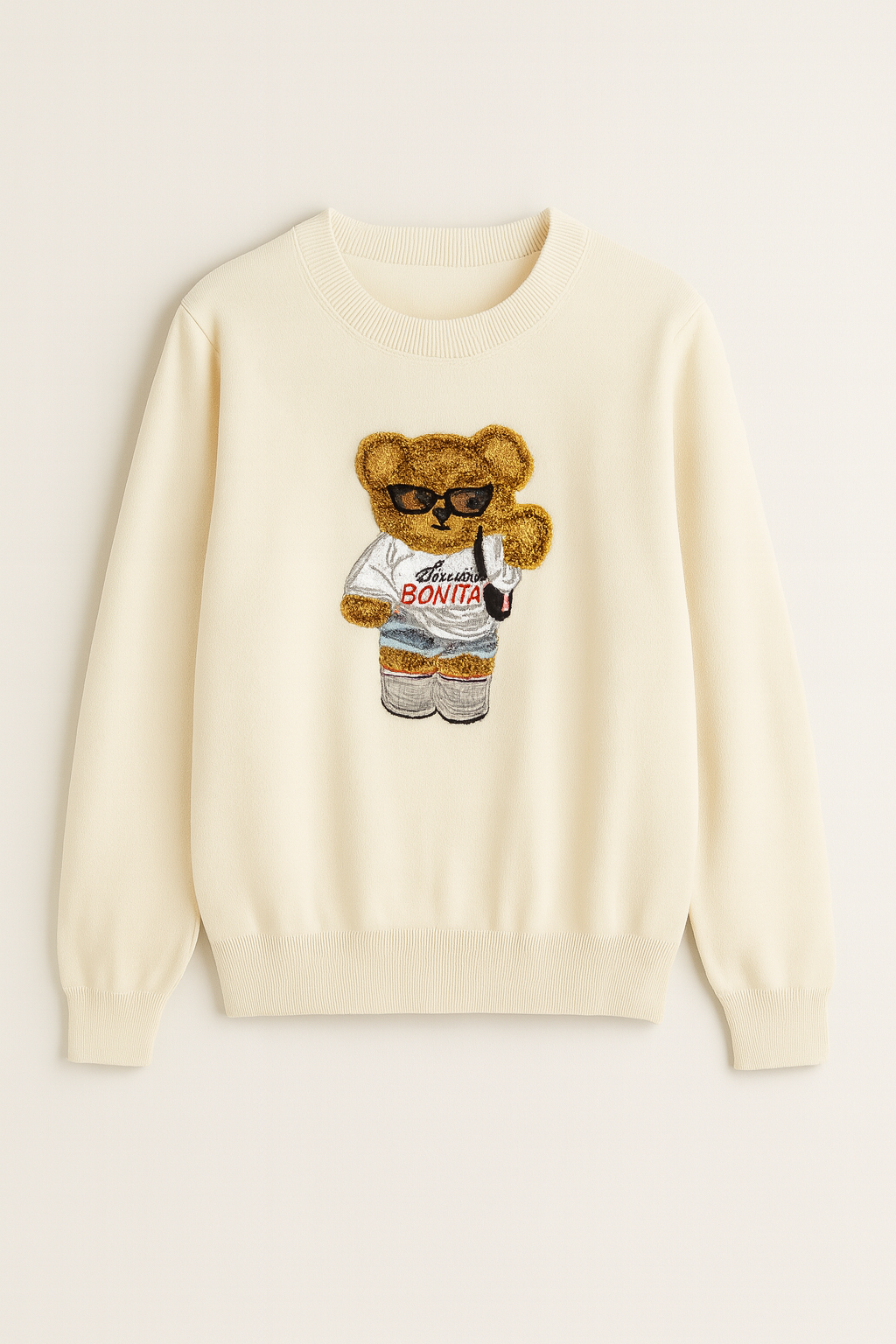 Green Sweater with Teddy Bear Embroidery “Pretty and Chic”