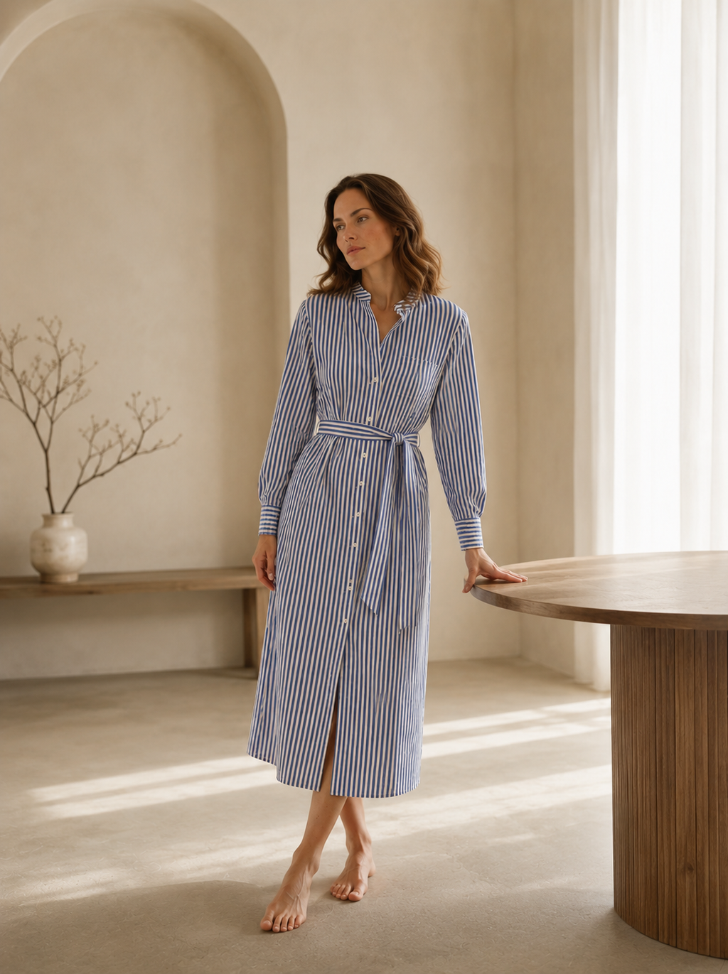 Vestido Camisero Midi de Rayas con Cinturón Ajustable