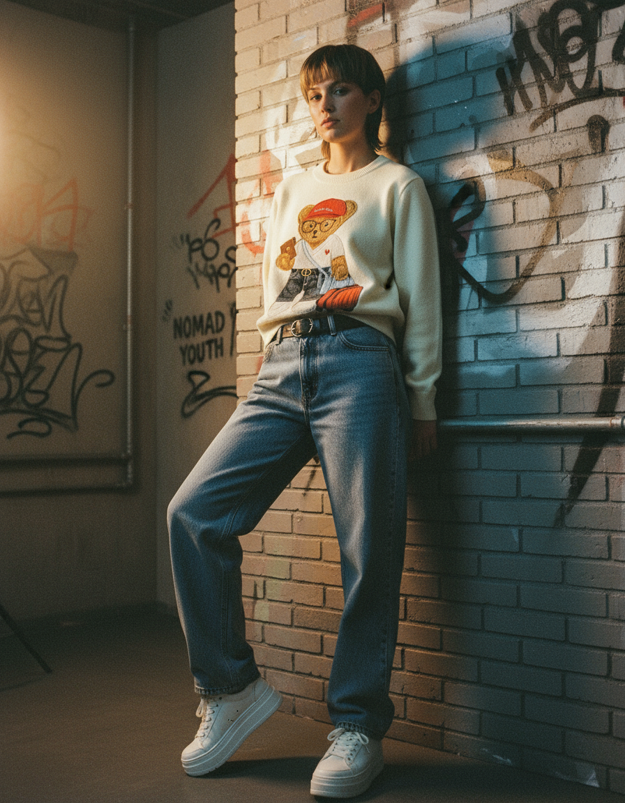 Sweater with "Bon Voyage" Traveling Bear Embroidery