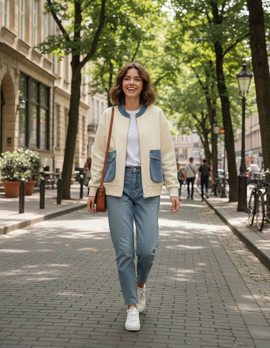 Chaqueta bomber combinada con bolsillos denim
