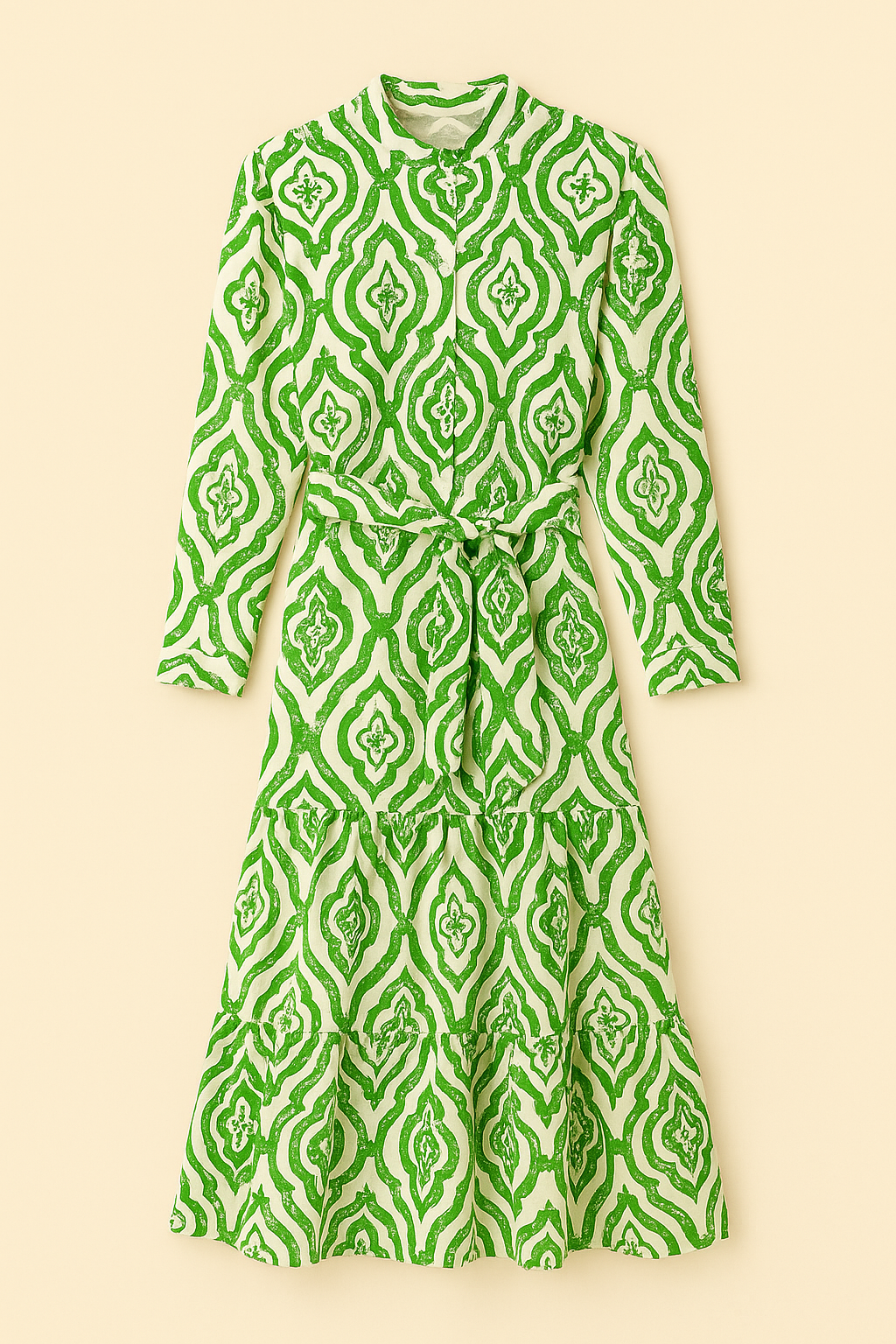 Vestido largo estampado geométrico con cinturón ajustable