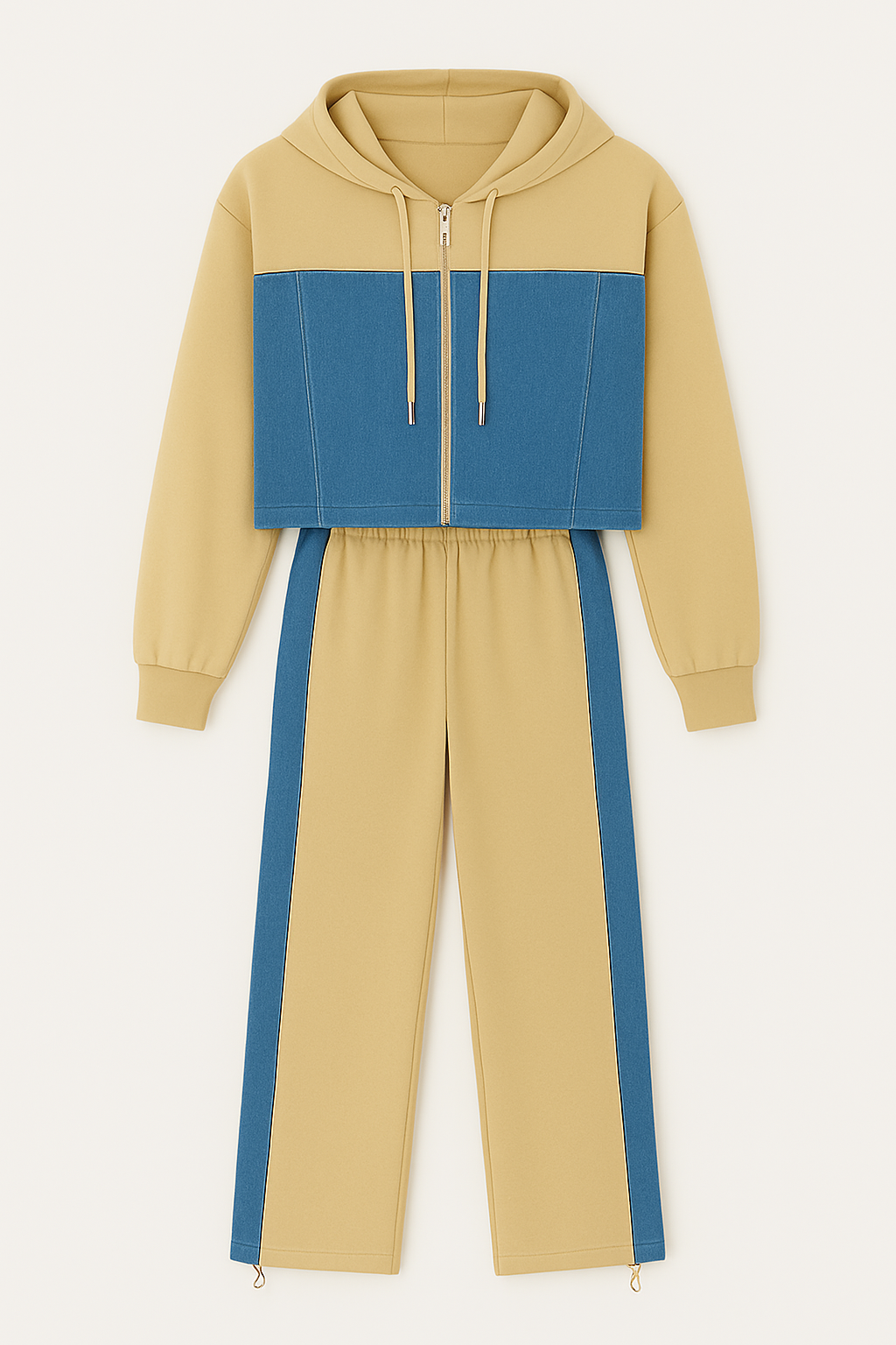 Conjunto con capucha y paneles de mezclilla