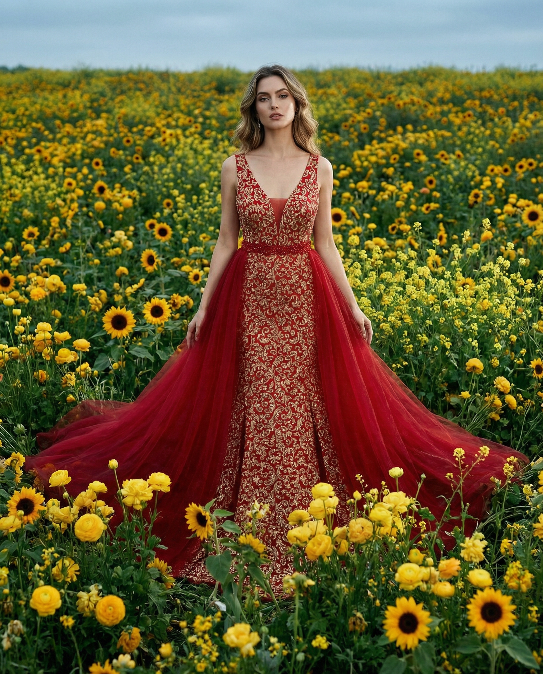 Vestido largo bordado con capa de tul Lumière