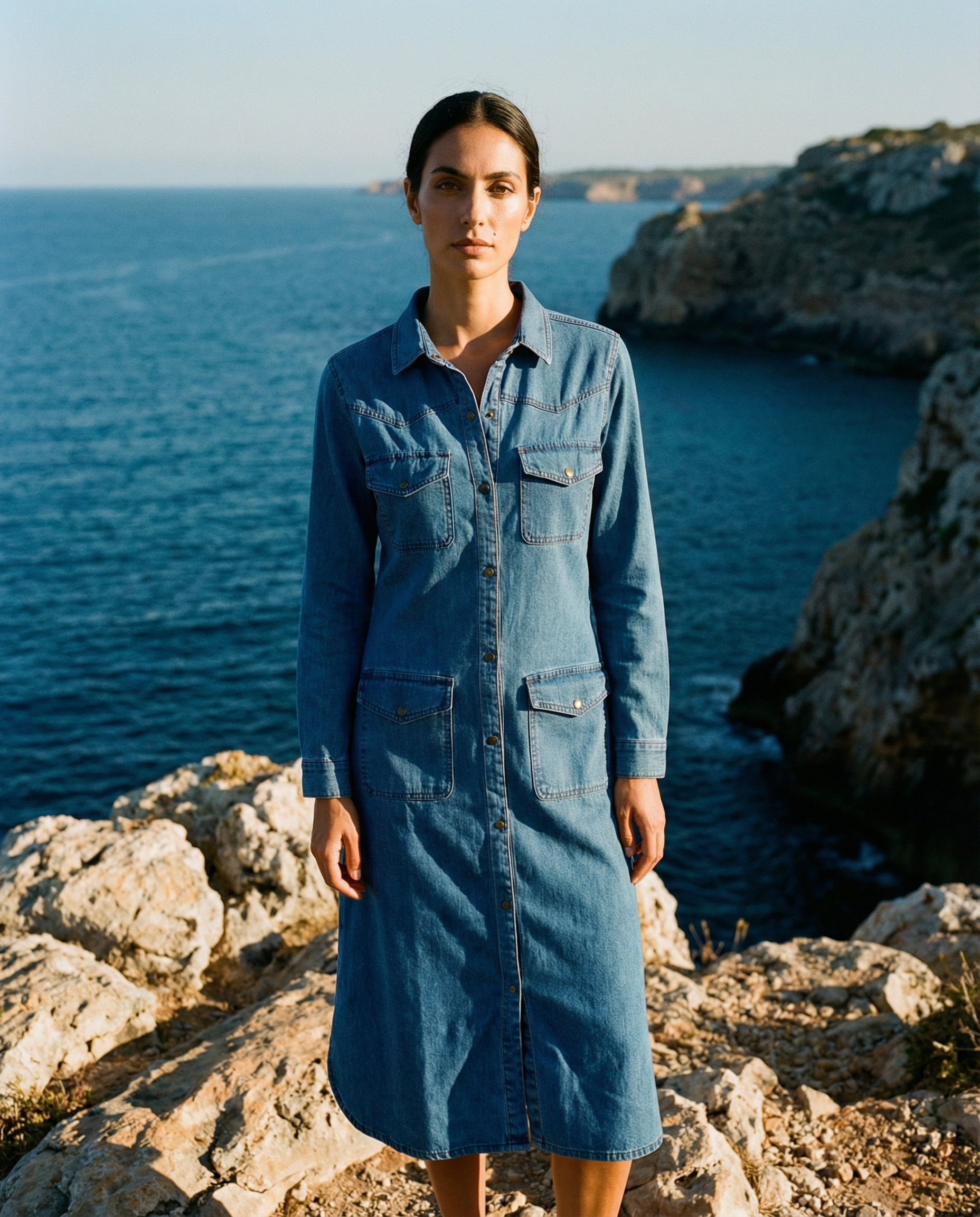 Vestido Camisero Denim Bolsillos Utilitarios