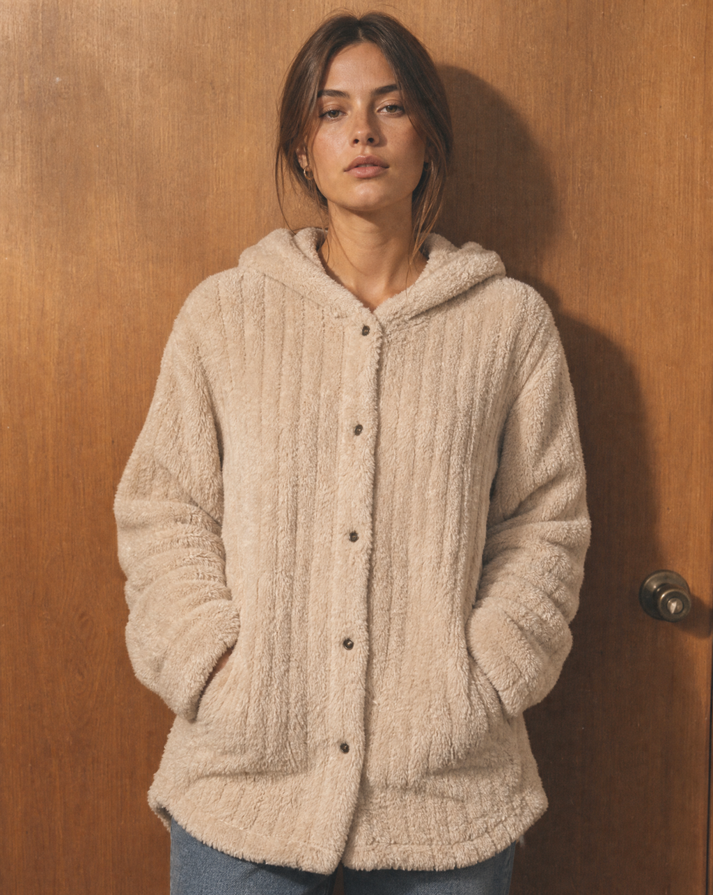 Chaqueta Teddy con Capucha Texturizada