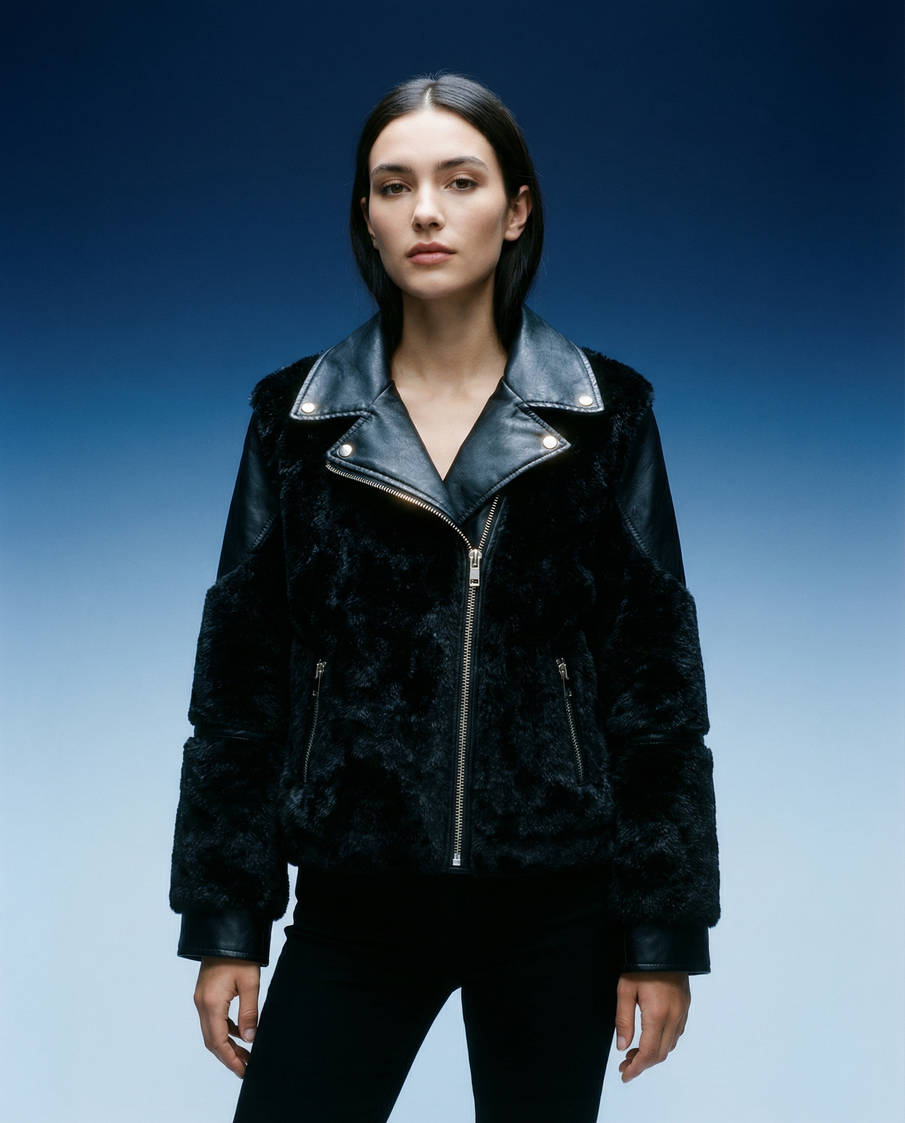 Chaqueta corta efecto pelo con detalles biker