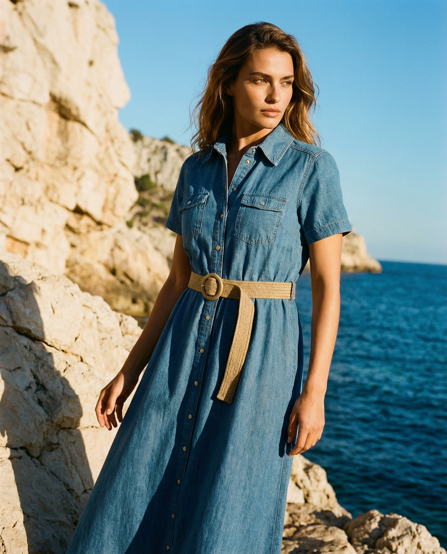Vestido camisero denim con cinturón natural