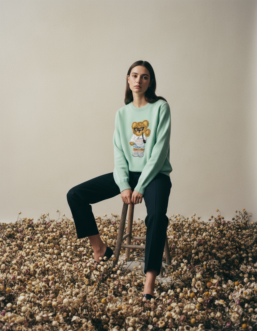 Green Sweater with Teddy Bear Embroidery “Pretty and Chic”