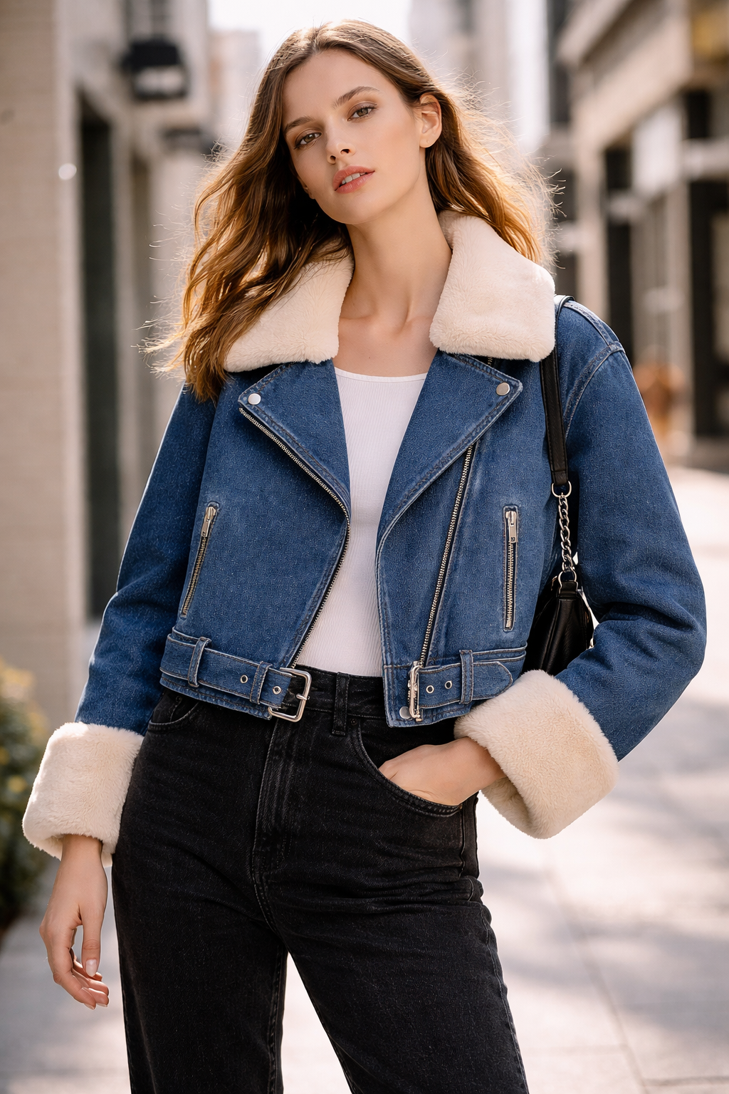 Chaqueta biker corta con cuello efecto borrego