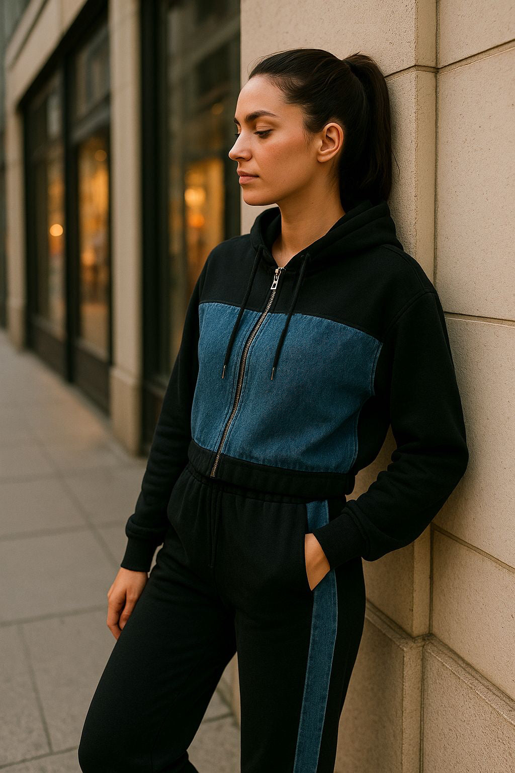 Conjunto con capucha y paneles de mezclilla