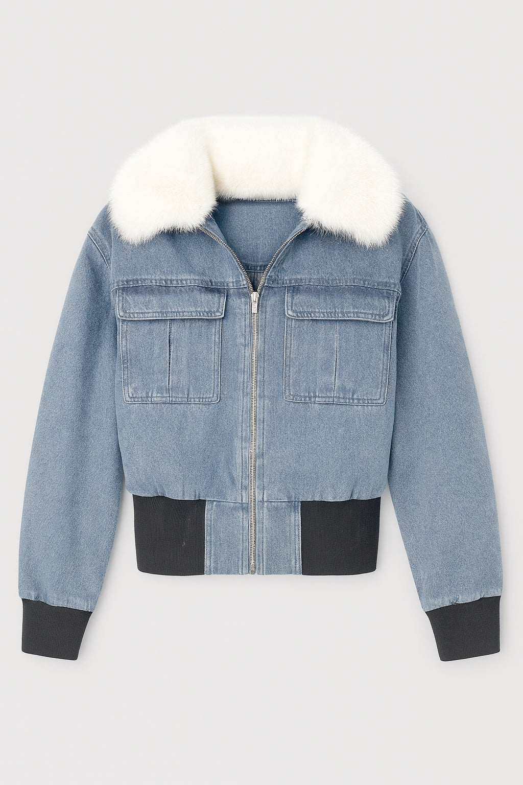 Chaqueta Denim con Cuello de Piel Sintética Blanca