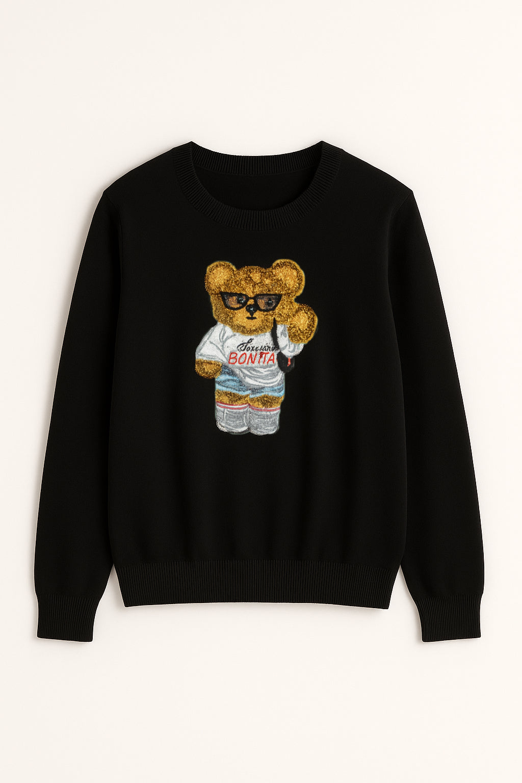 Green Sweater with Teddy Bear Embroidery “Pretty and Chic”