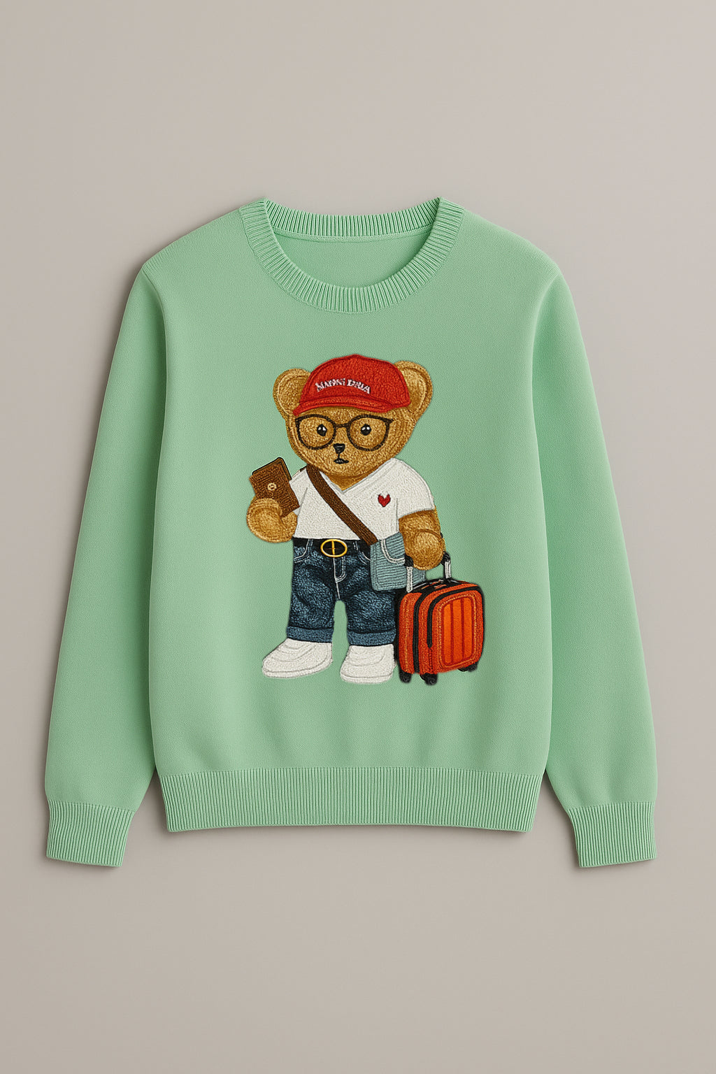 Sweater with "Bon Voyage" Traveling Bear Embroidery
