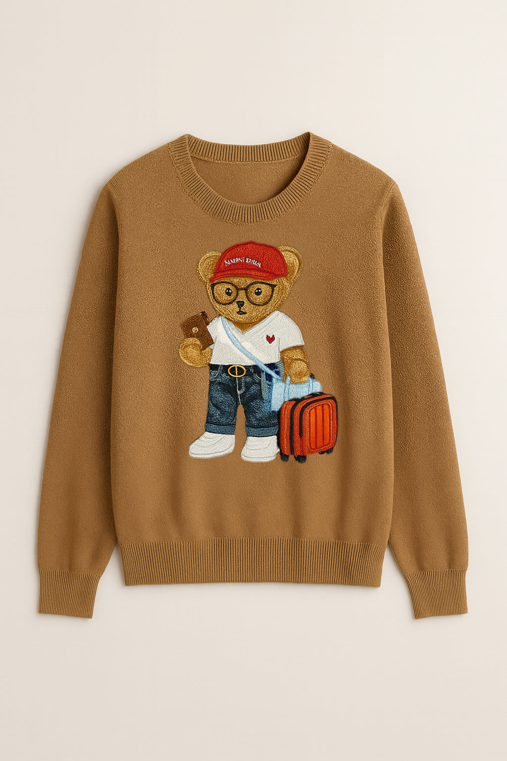 Sweater with "Bon Voyage" Traveling Bear Embroidery