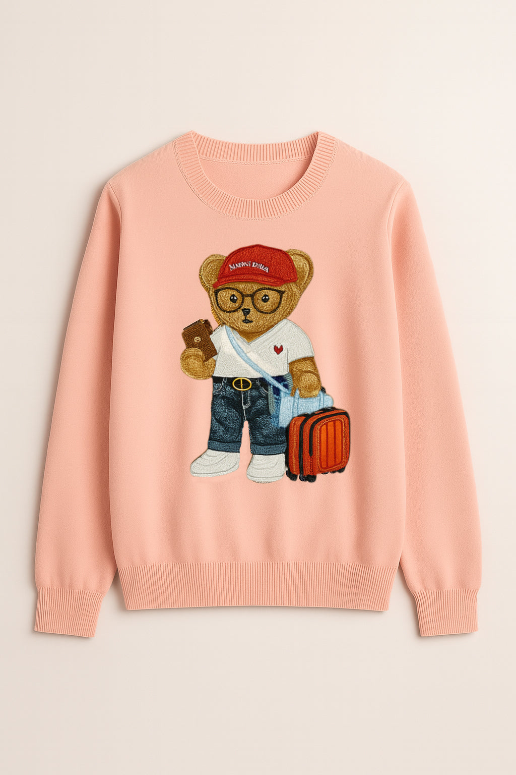 Sweater with "Bon Voyage" Traveling Bear Embroidery