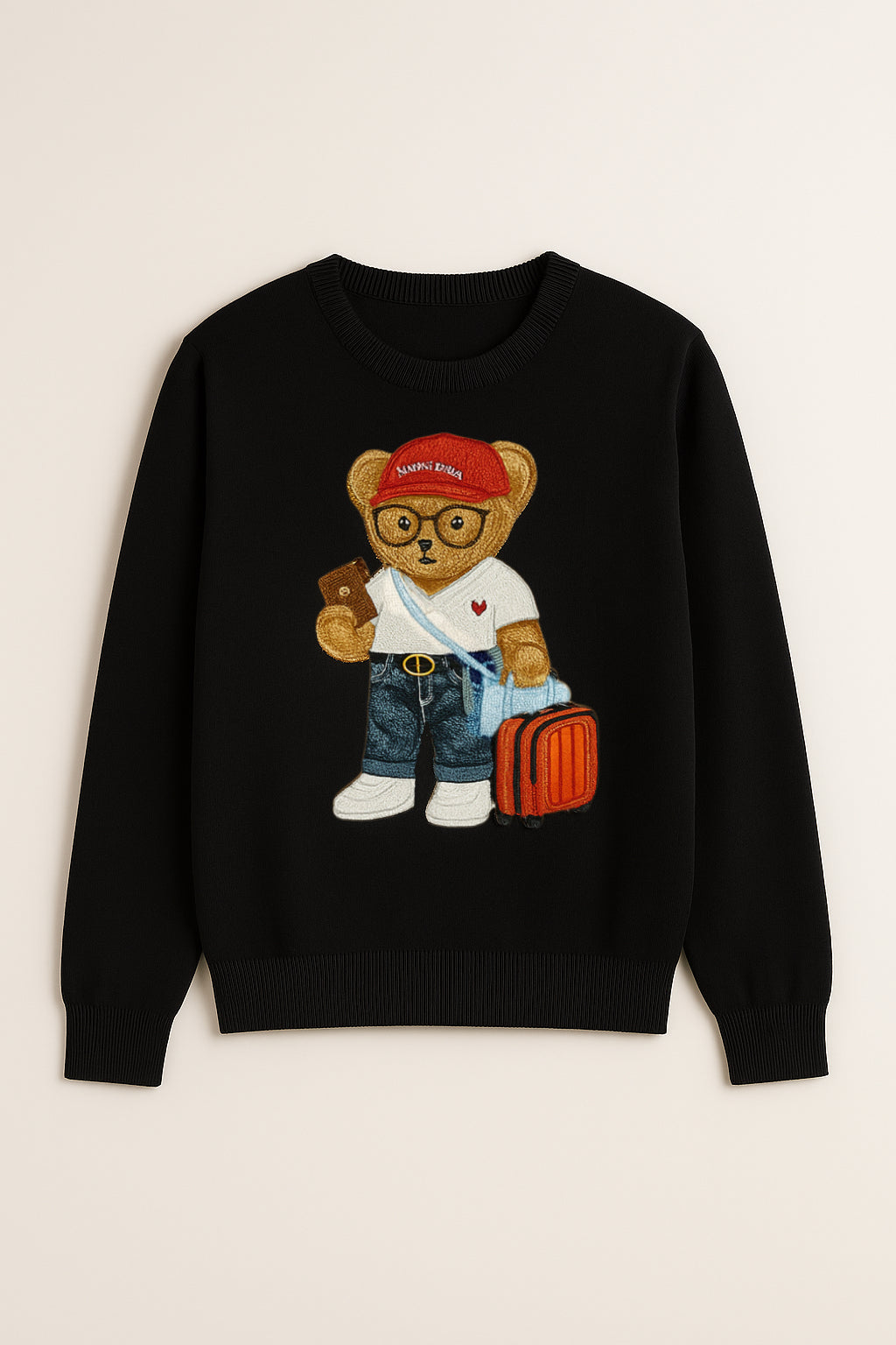 Sweater with "Bon Voyage" Traveling Bear Embroidery