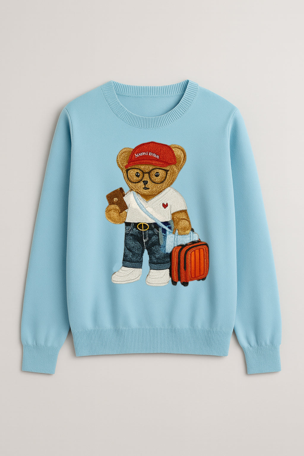 Sweater with "Bon Voyage" Traveling Bear Embroidery