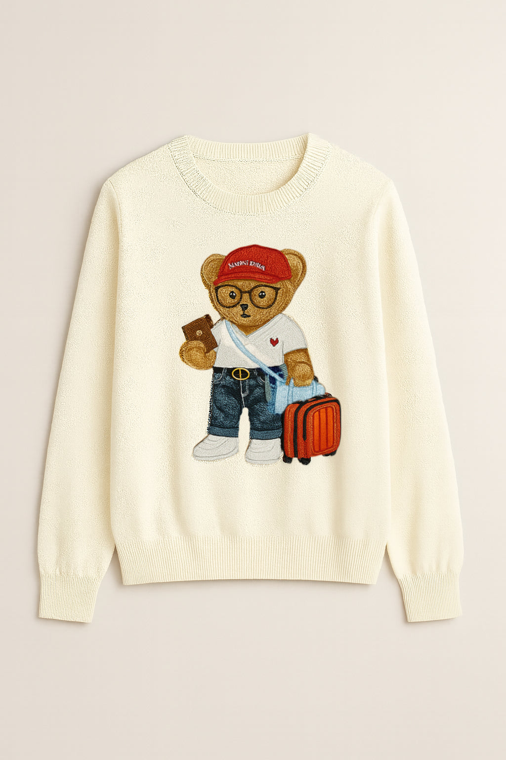 Sweater with "Bon Voyage" Traveling Bear Embroidery
