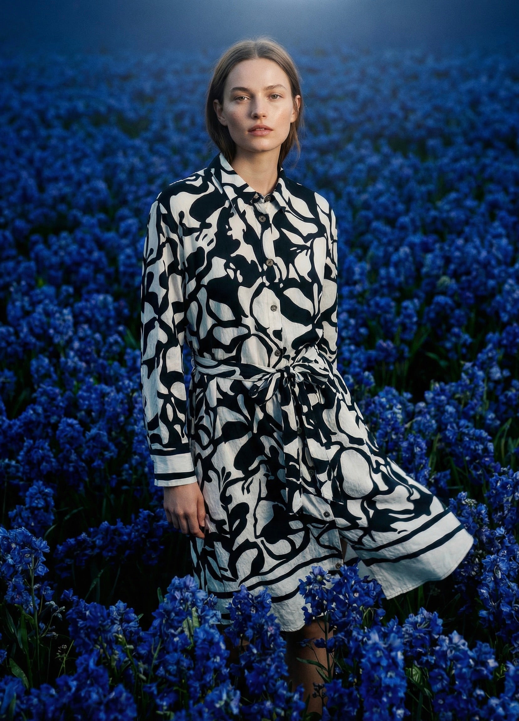 Vestido camisero estampado abstracto con cinturón