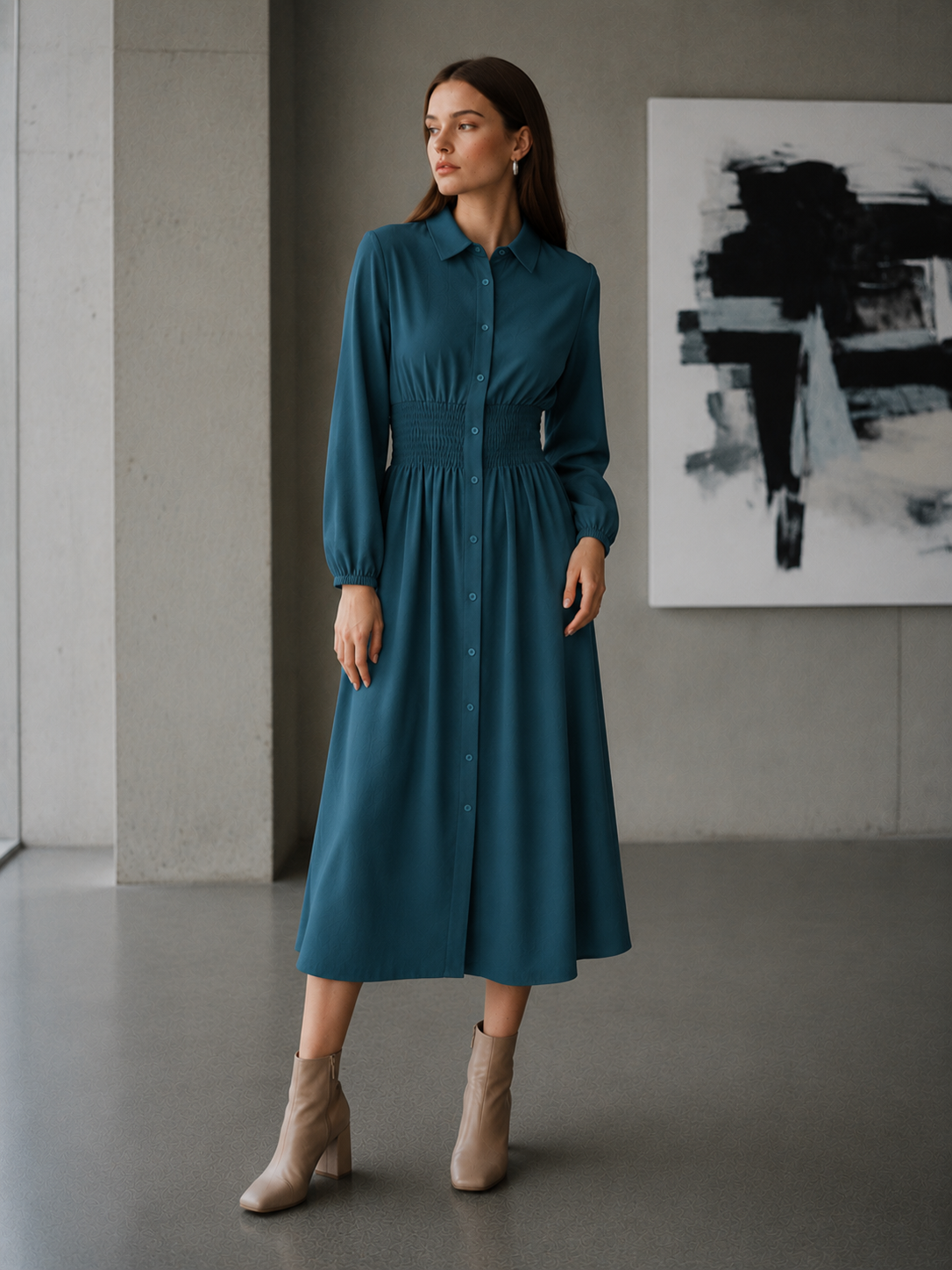Midi shirt dress with gathered waist