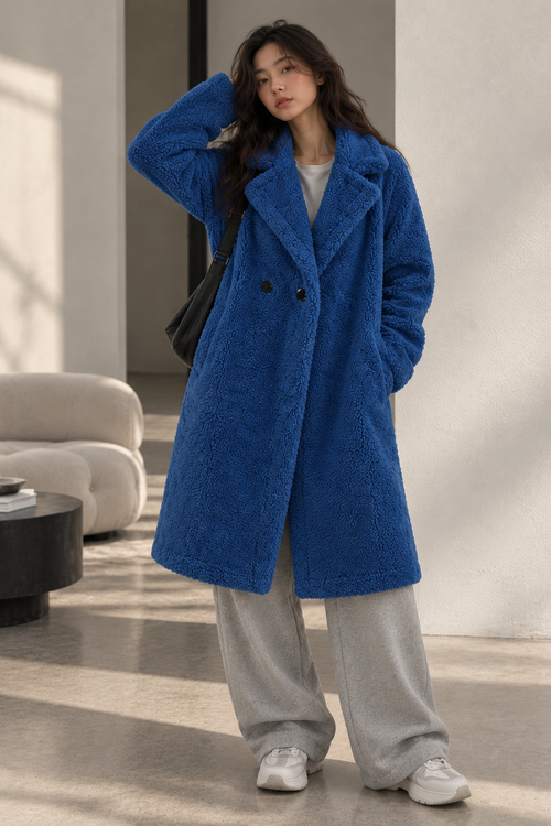 Abrigo recto efecto teddy con solapas