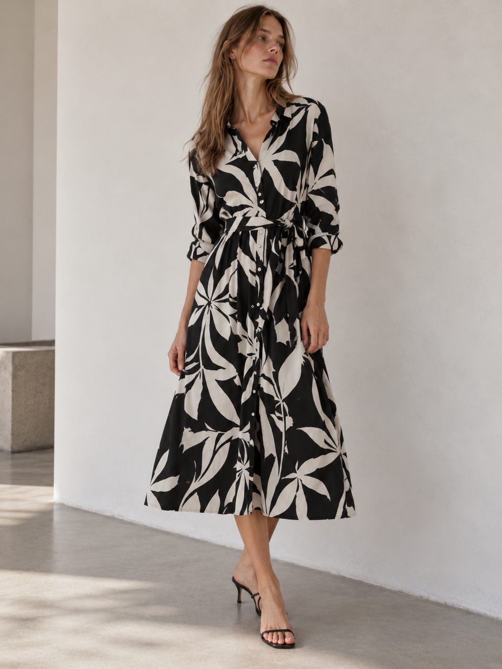 Vestido camisero recto con estampado orgánico