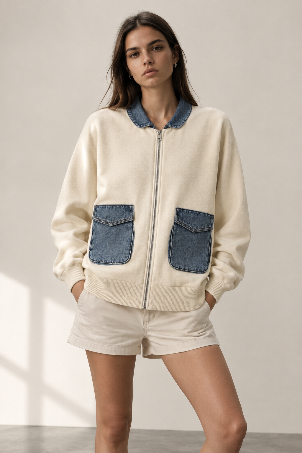 Chaqueta bomber combinada con bolsillos denim