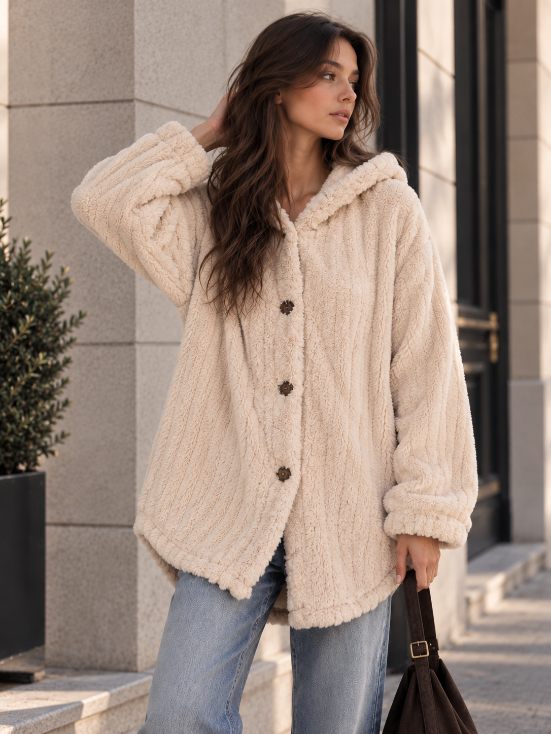 Chaqueta Teddy con Capucha Texturizada