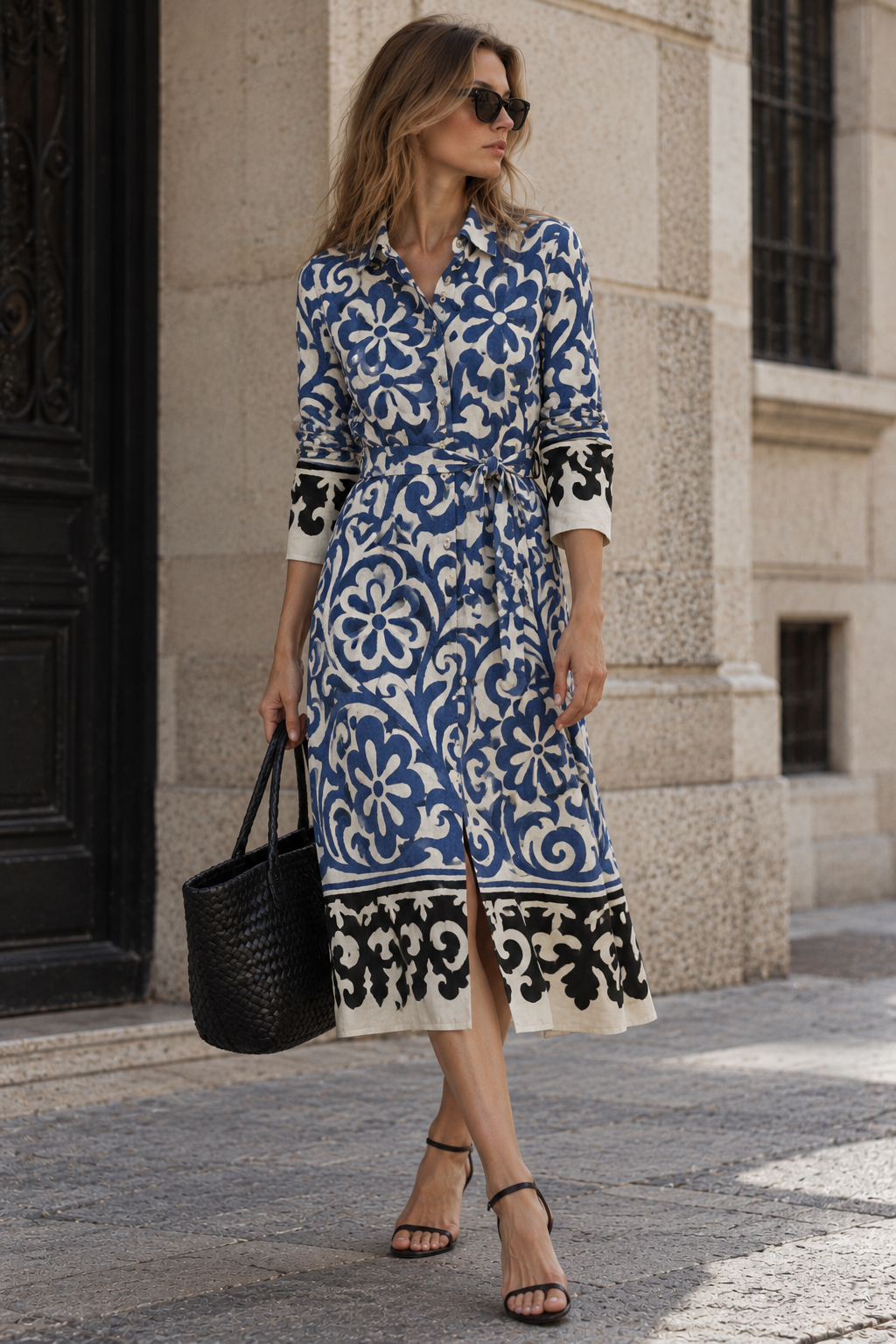 Vestido camisero estampado con cinturón fluido