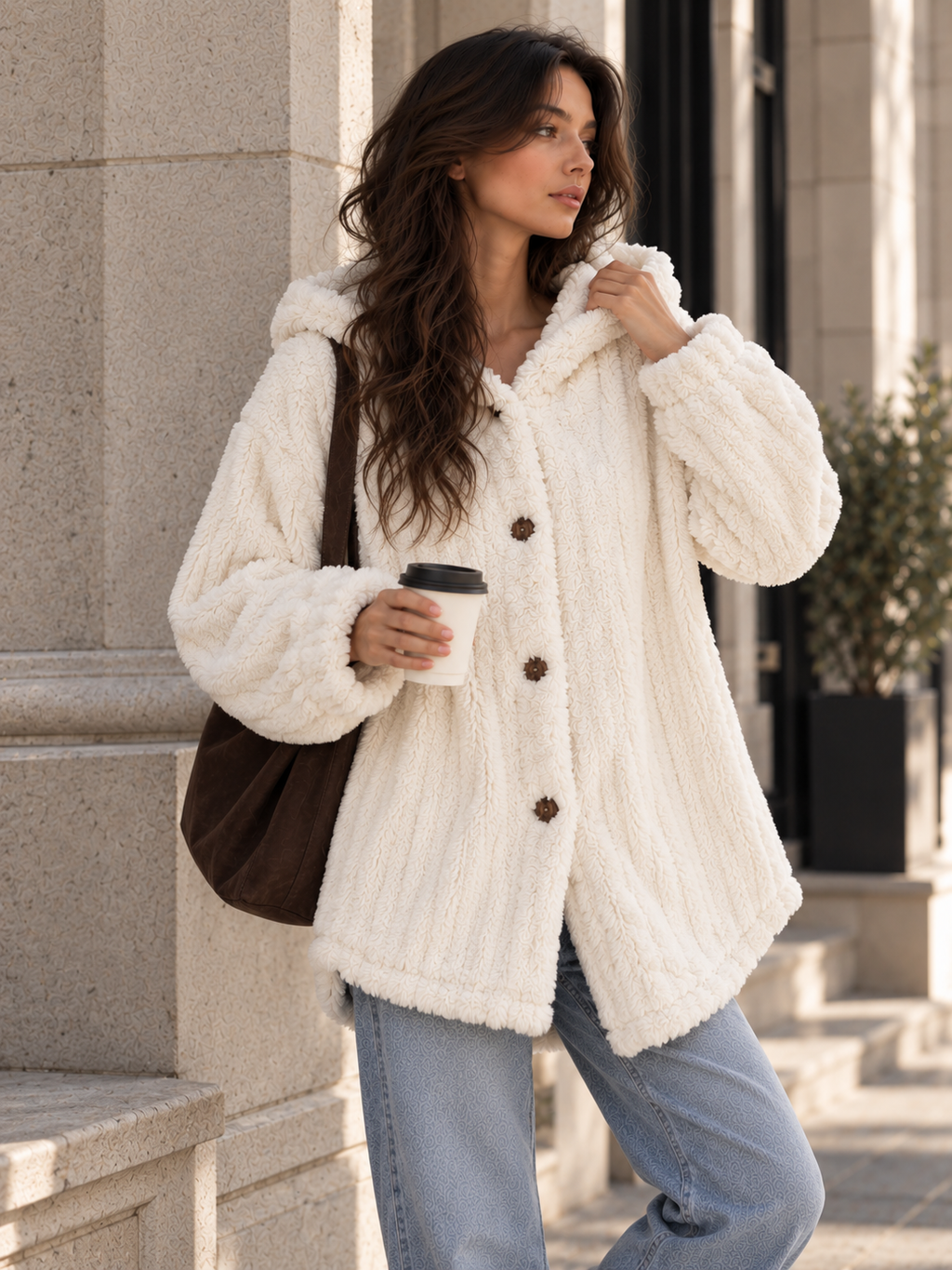Chaqueta Teddy con Capucha Texturizada