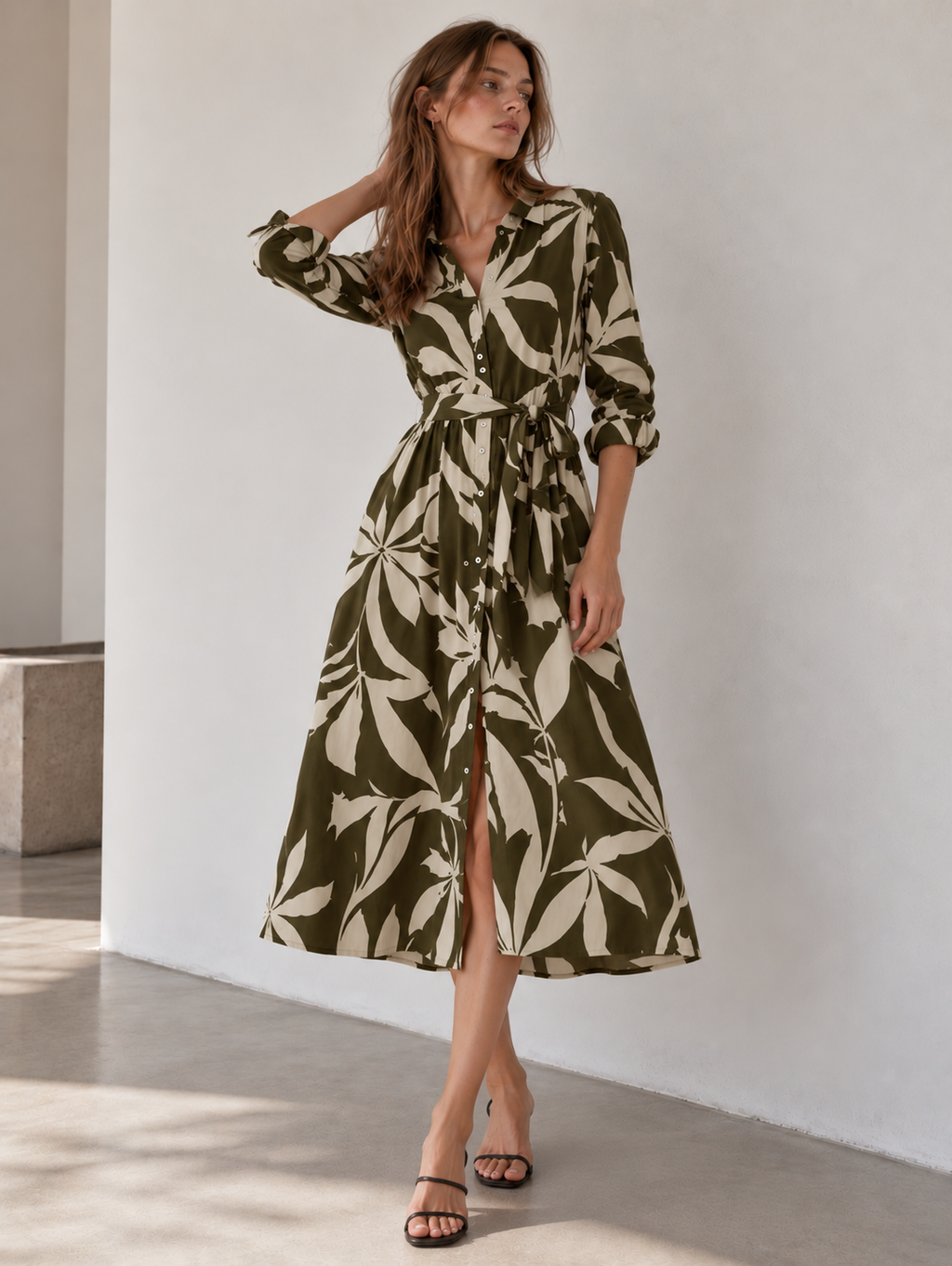 Vestido camisero recto con estampado orgánico