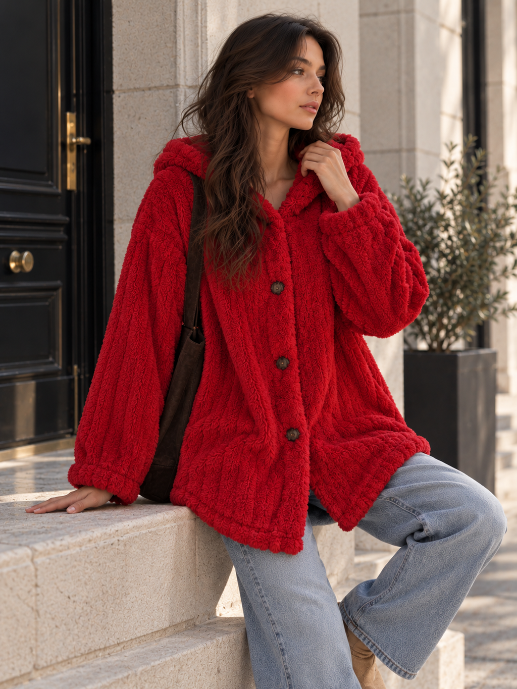 Chaqueta Teddy con Capucha Texturizada