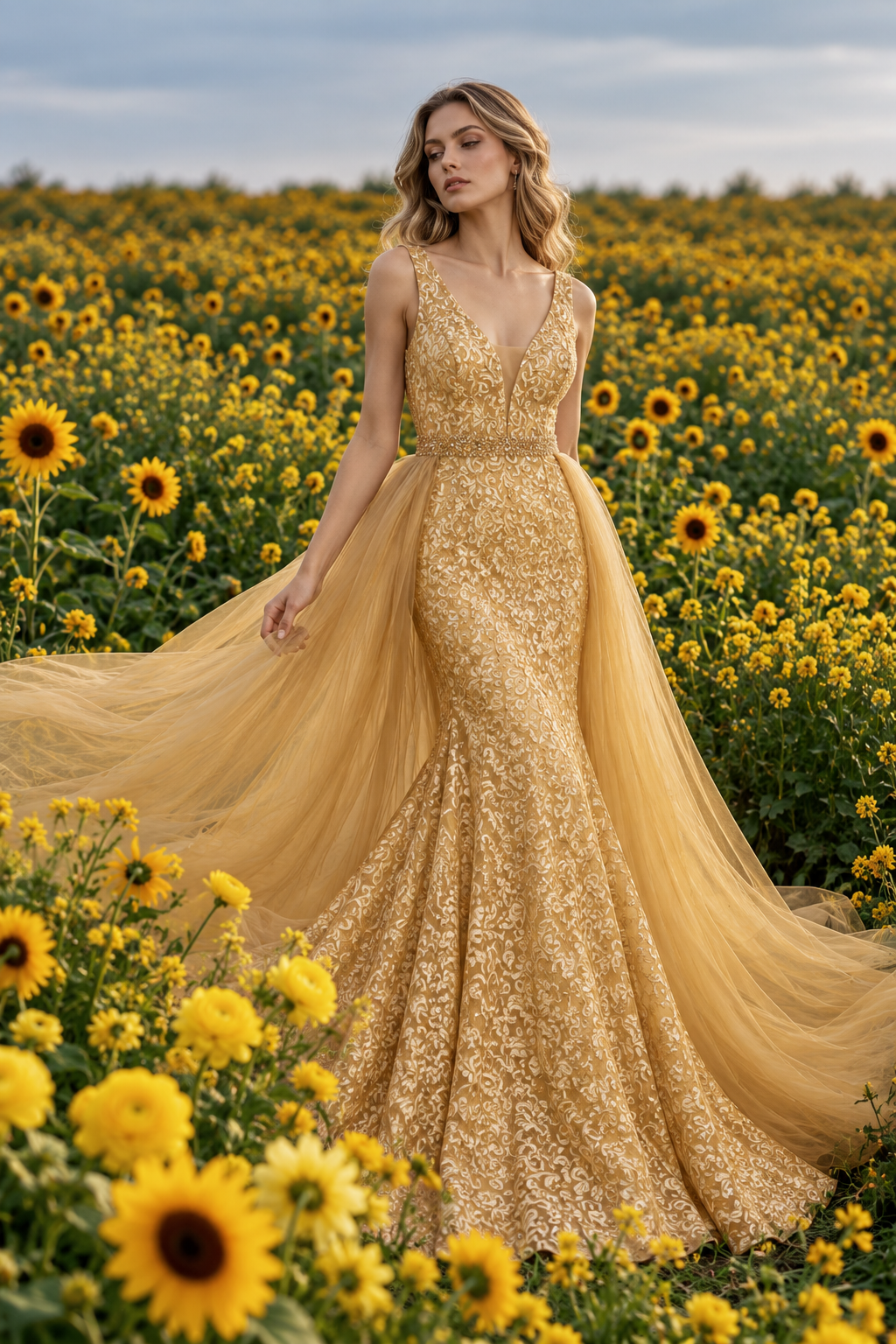 Vestido largo bordado con capa de tul Lumière
