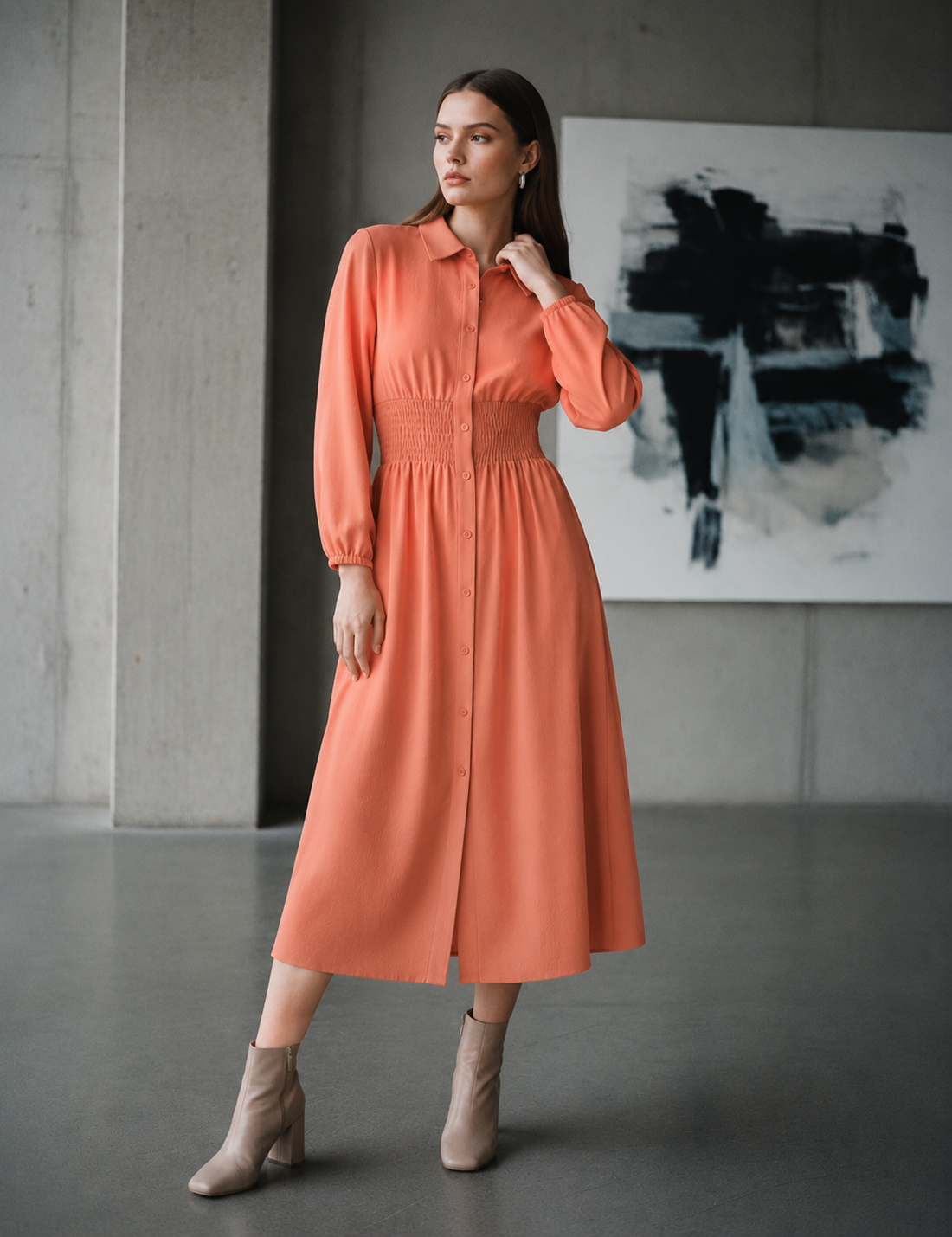 Midi shirt dress with gathered waist