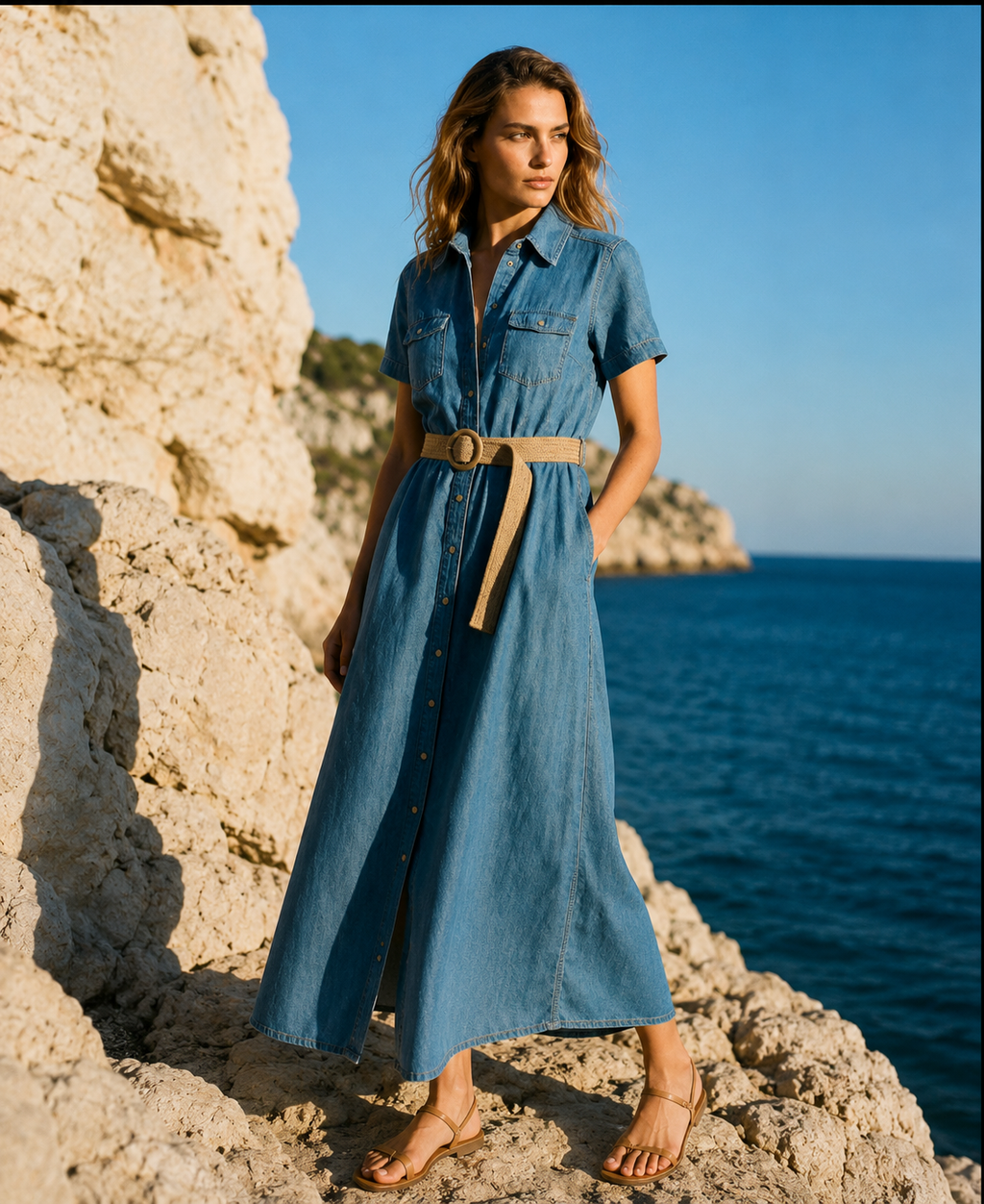 Vestido camisero denim con cinturón natural
