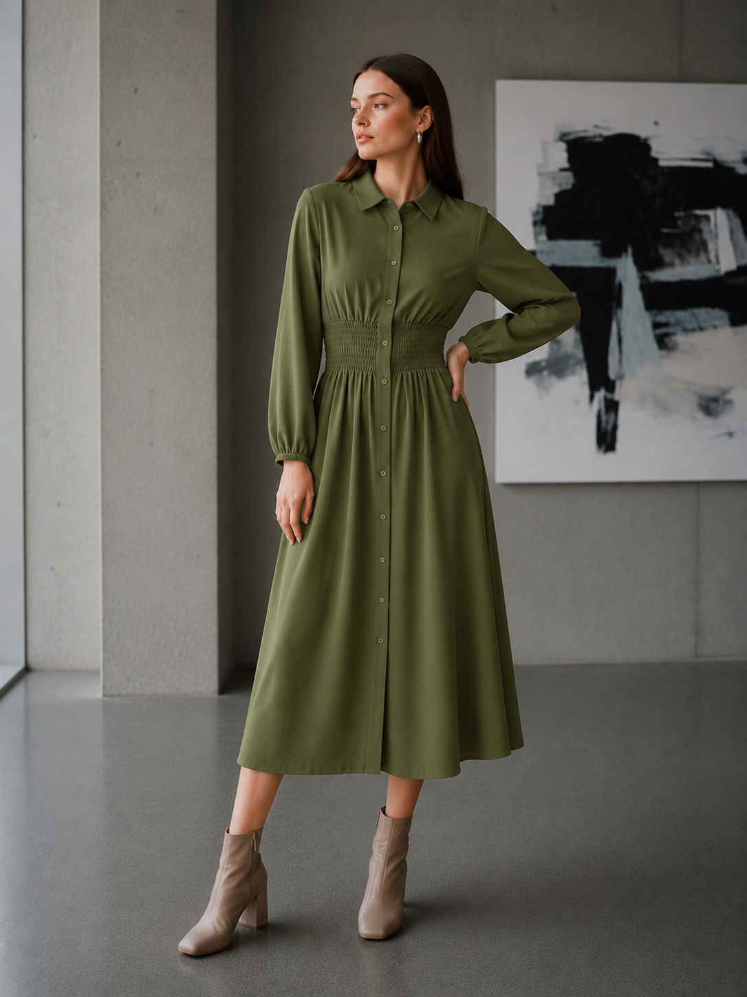 Midi shirt dress with gathered waist