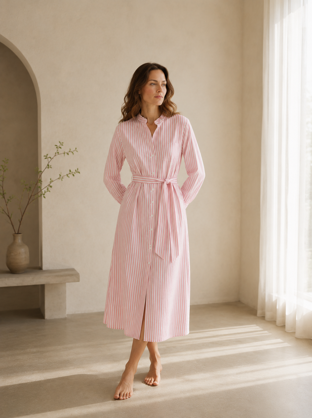 Vestido Camisero Midi de Rayas con Cinturón Ajustable
