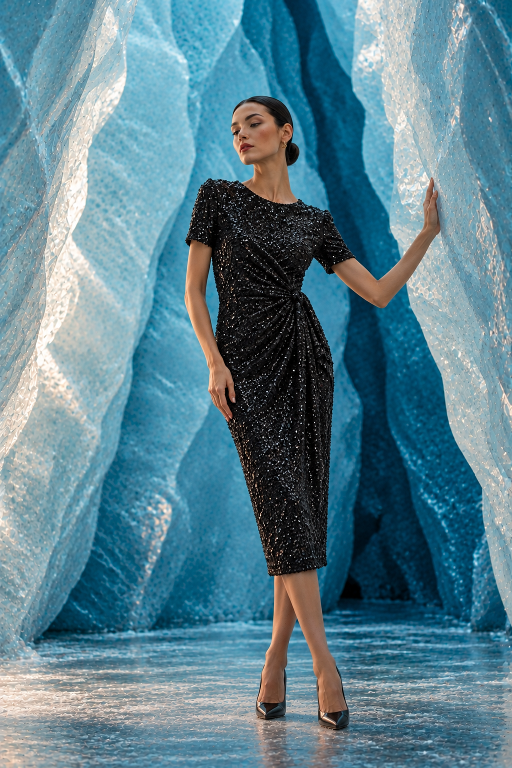 Vestido midi Aurora de lentejuelas con drapeado
