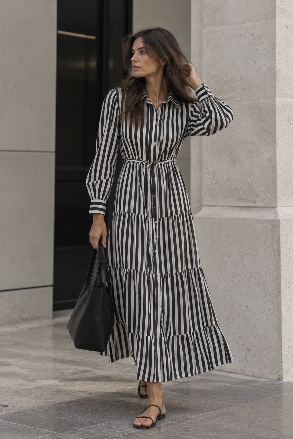 Vestido camisero de rayas fluido con cinturón