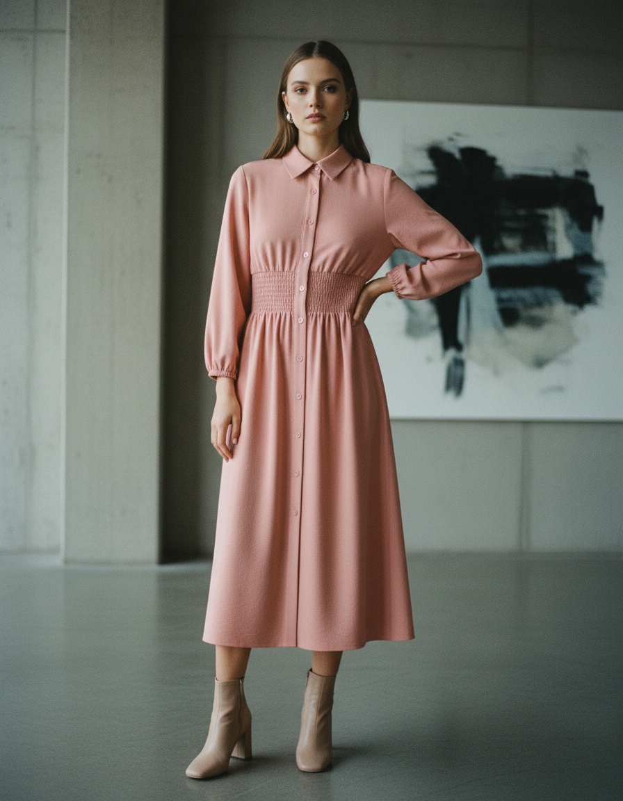 Vestido camisero midi con cintura fruncida