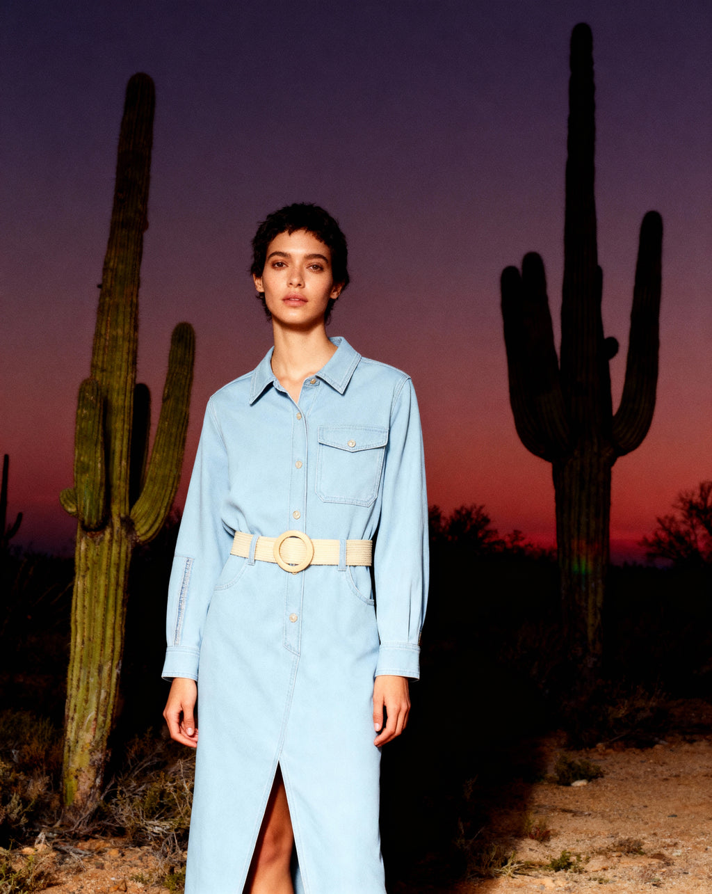 Denim Vestido camisero con cinturón