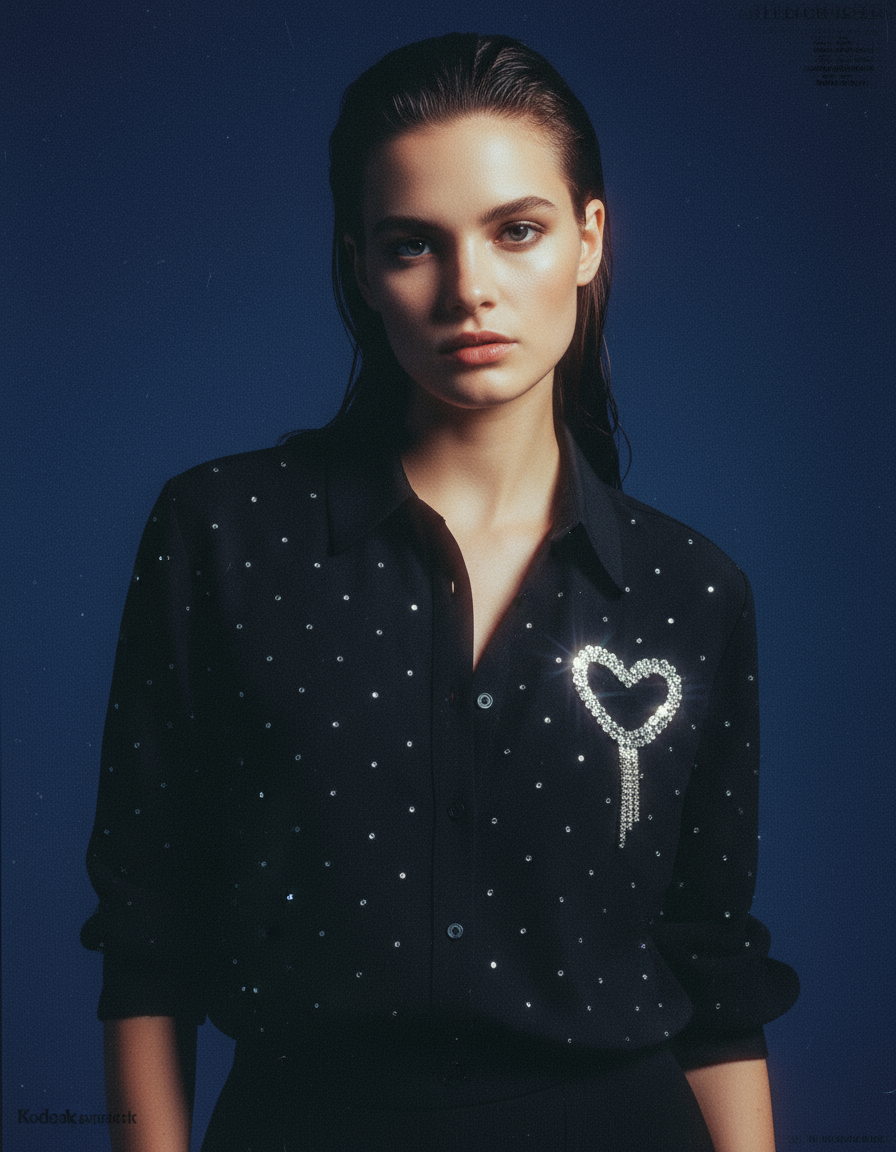 Camisa con pedrería y broche en forma de corazón