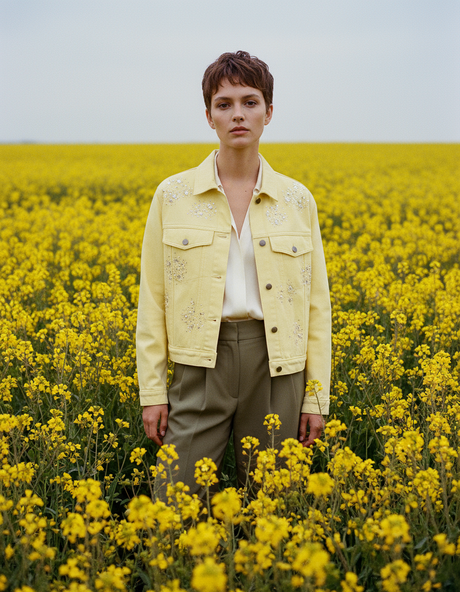 Chaqueta vaquera bordada con pedrería en tonos pastel