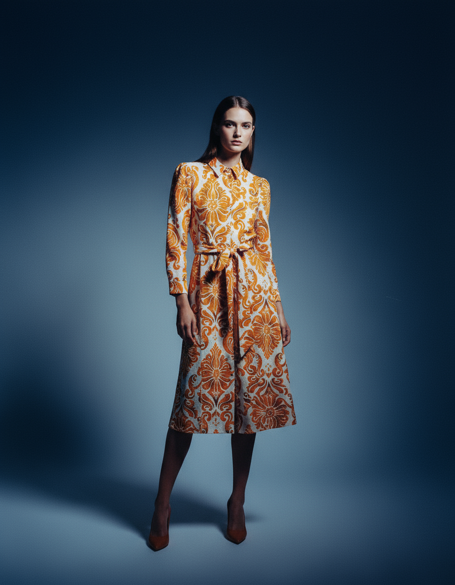 Vestido largo estampado barroco con cinturón